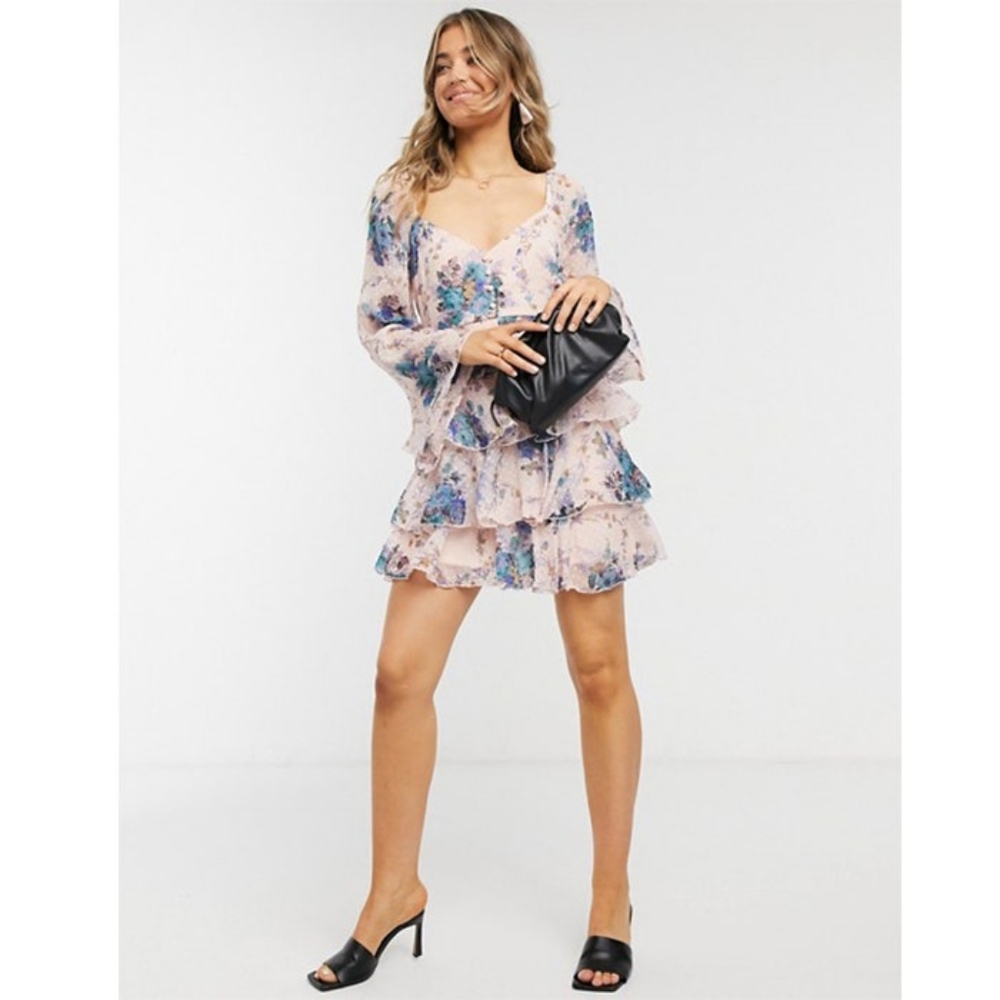 NWOT Asos Pink Chiffon Floral Bell Sleeve Dress size 6